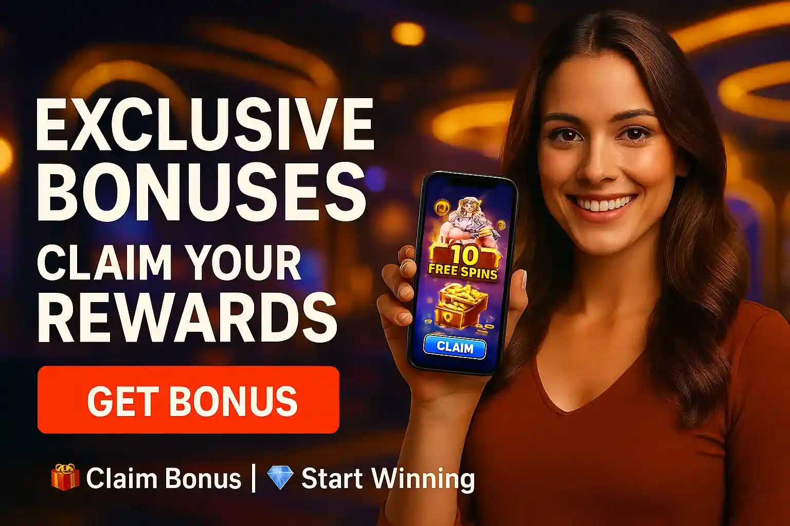 Beautiful brunette woman holding smartphone showing RR9 Game exclusive bonus offer with 10 free spins and treasure chest rewards promotion