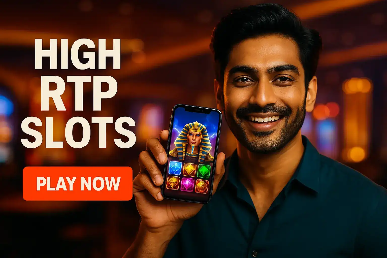 A happy man displays a smartphone featuring an Egyptian-themed slot game with colorful gems. The banner advertises HIGH RTP SLOTS and invites users to PLAY NOW for better chances of winning.