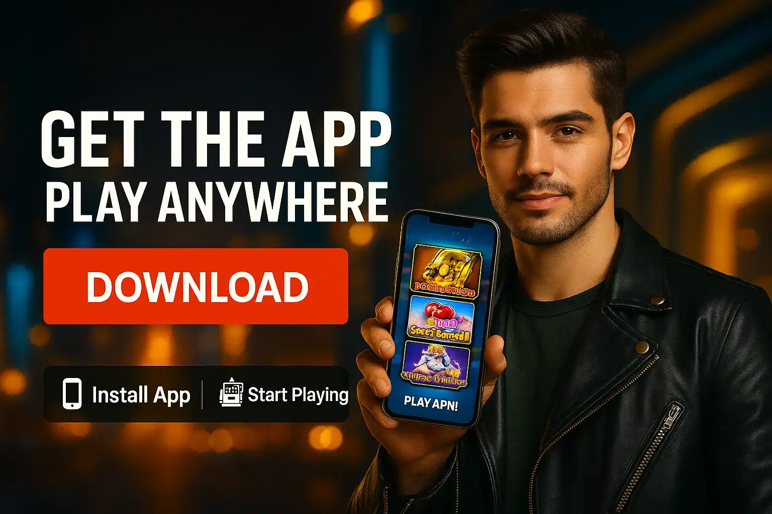A confident man in a leather jacket holds a phone showcasing the casino app's game selection. The banner encourages users to GET THE APP PLAY ANYWHERE with a DOWNLOAD button for easy installation.