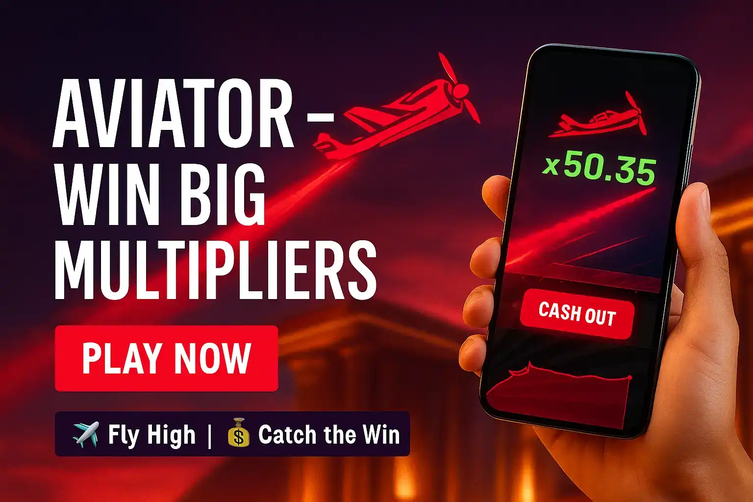 A promotional banner for the Aviator game. A hand holds a phone showing a high multiplier of x50.35 and a CASH OUT button. The text reads AVIATOR - WIN BIG MULTIPLIERS with a PLAY NOW call to action.
