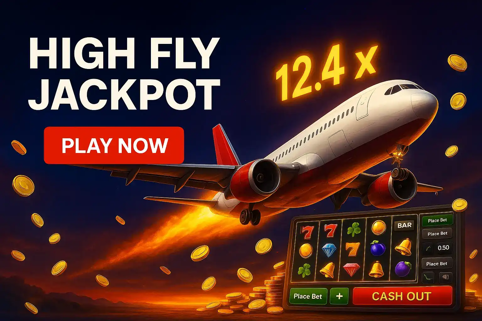 An ad for a HIGH FLY JACKPOT game, combining an airplane theme with a slot machine interface. The image shows an airplane flying with a 12.4x multiplier over a cash-out screen and floating coins.