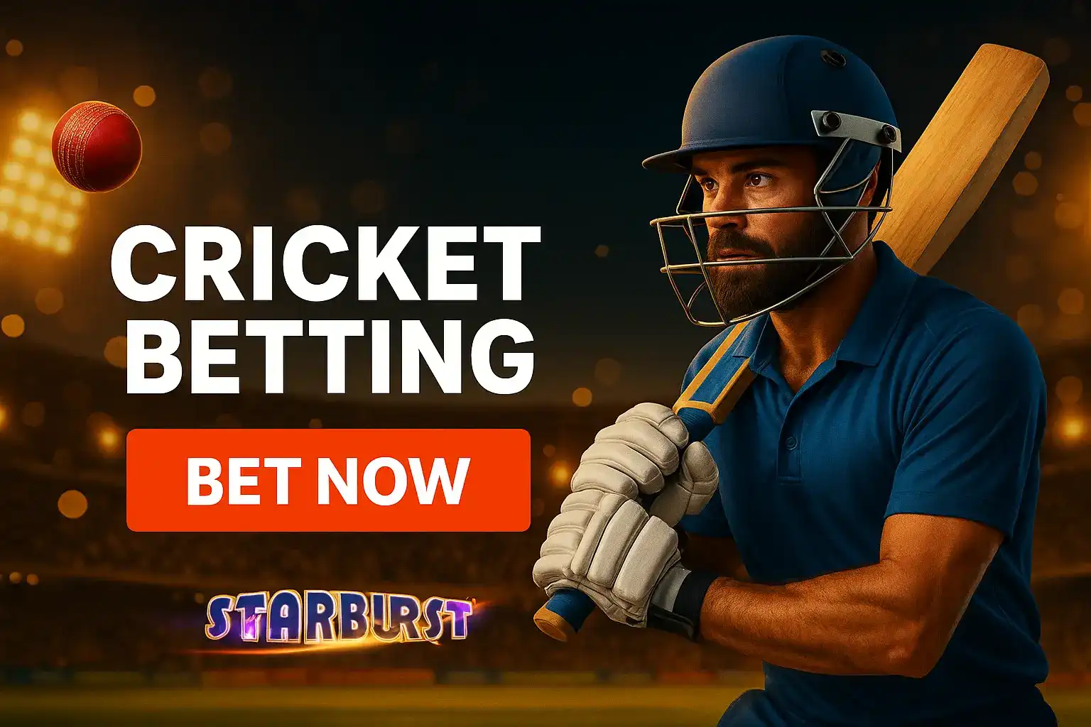 A focused cricket batsman ready to strike, set against a stadium backdrop. The banner promotes CRICKET BETTING with a BET NOW button and includes the Starburst game logo at the bottom.