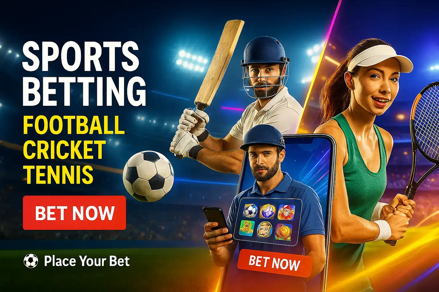 A dynamic banner for online sports betting, featuring athletes from football, cricket, and tennis. A man is shown placing bets on a mobile phone, with a BET NOW call to action.
