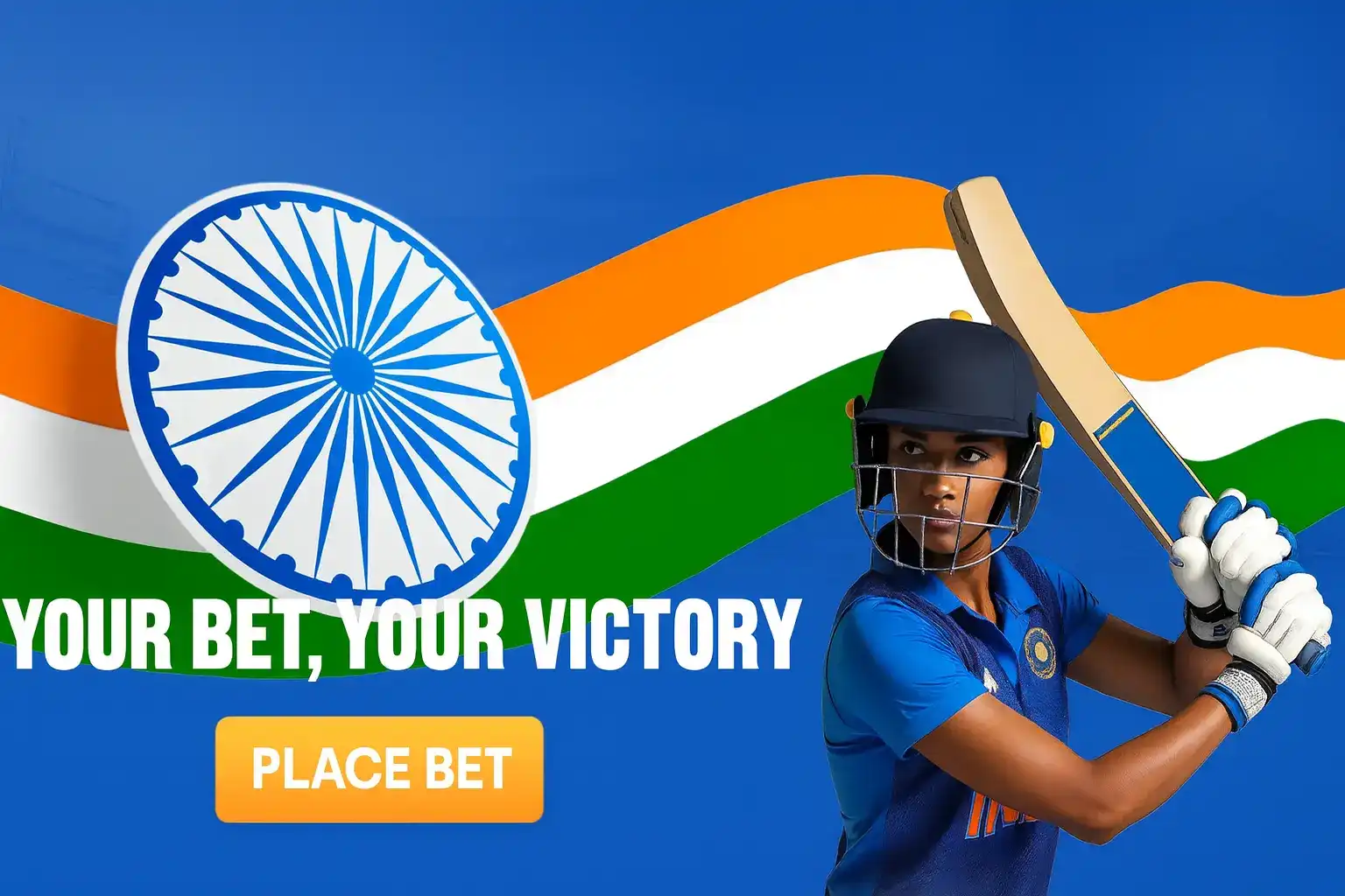 A promotional banner for rr9 game shows a female Indian cricket player in batting stance. The Indian flag waves in the background with the slogan YOUR BET, YOUR VICTORY and a prominent orange PLACE BET button.