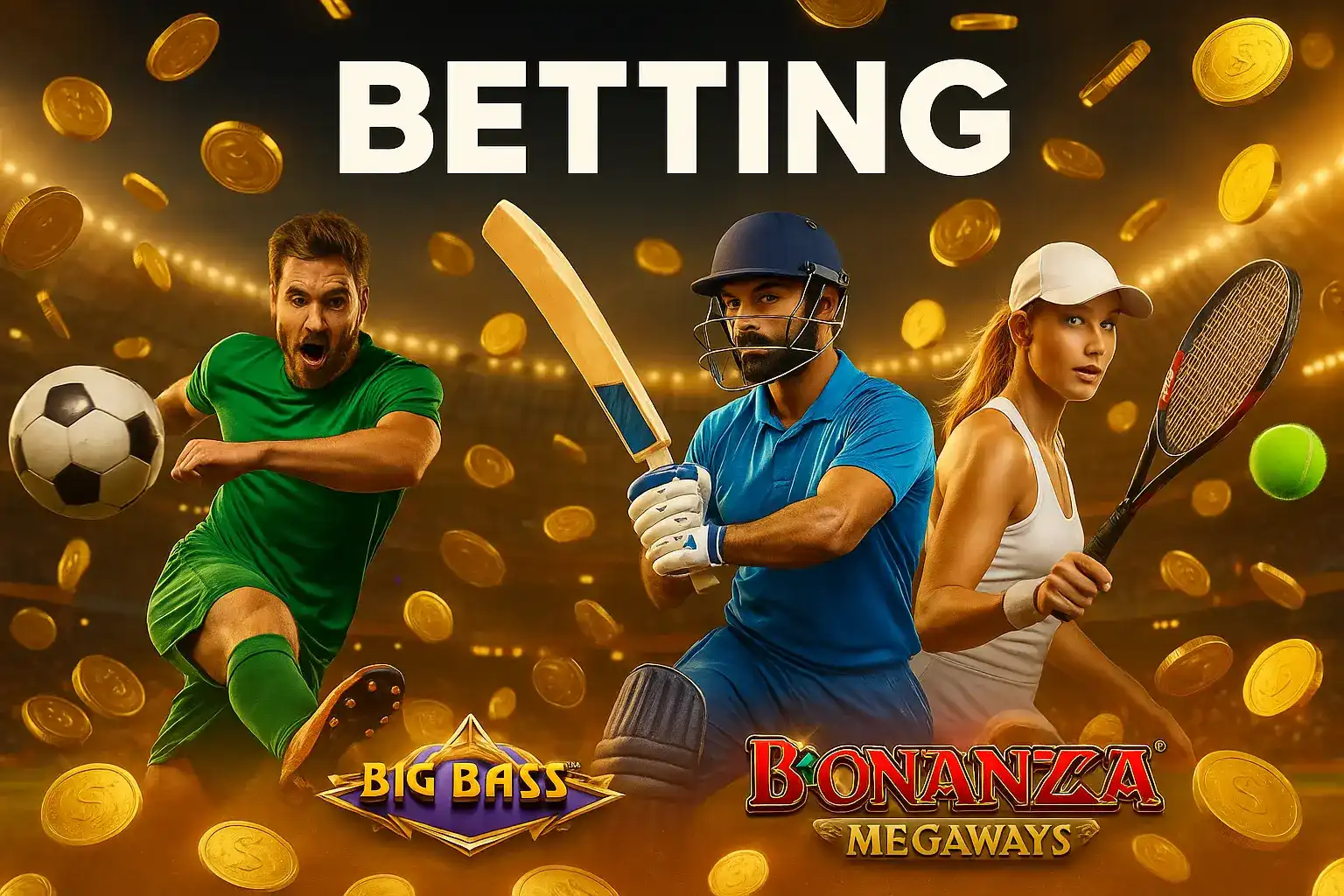 An exciting sports betting promo featuring a soccer player, a cricket batsman, and a female tennis player in action. Gold coins rain down in the background, with Big Bass and Bonanza Megaways logos.