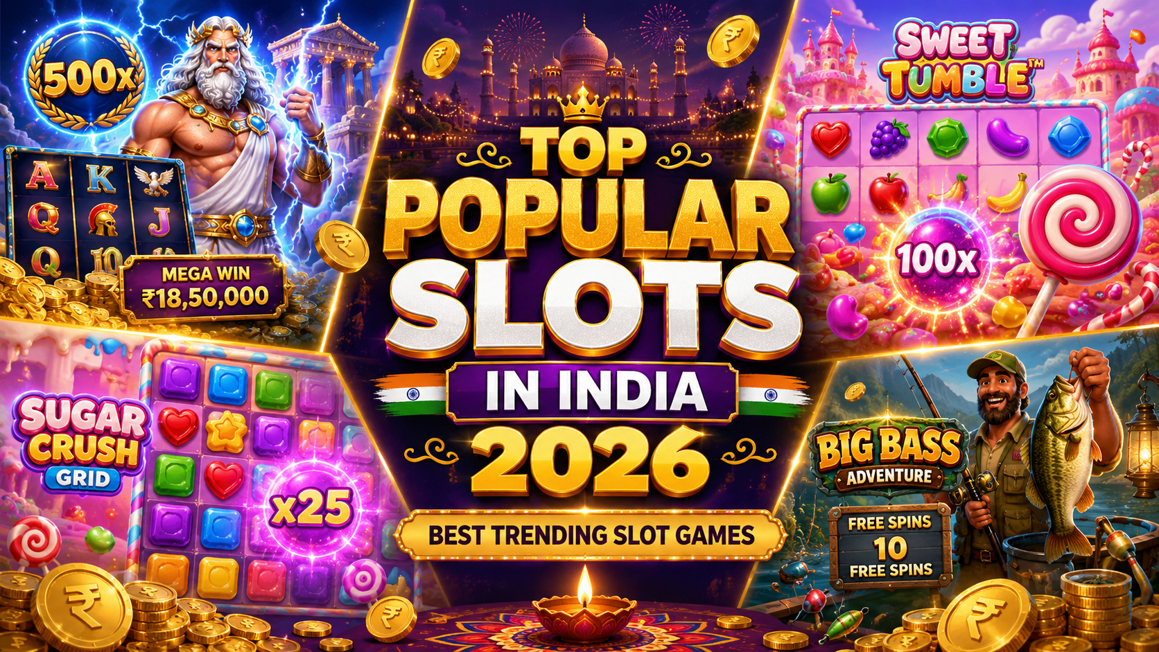 Top popular slots in India 2026 including Gates of Olympus 1000, Sweet Bonanza 1000 and Sugar Rush 1000.