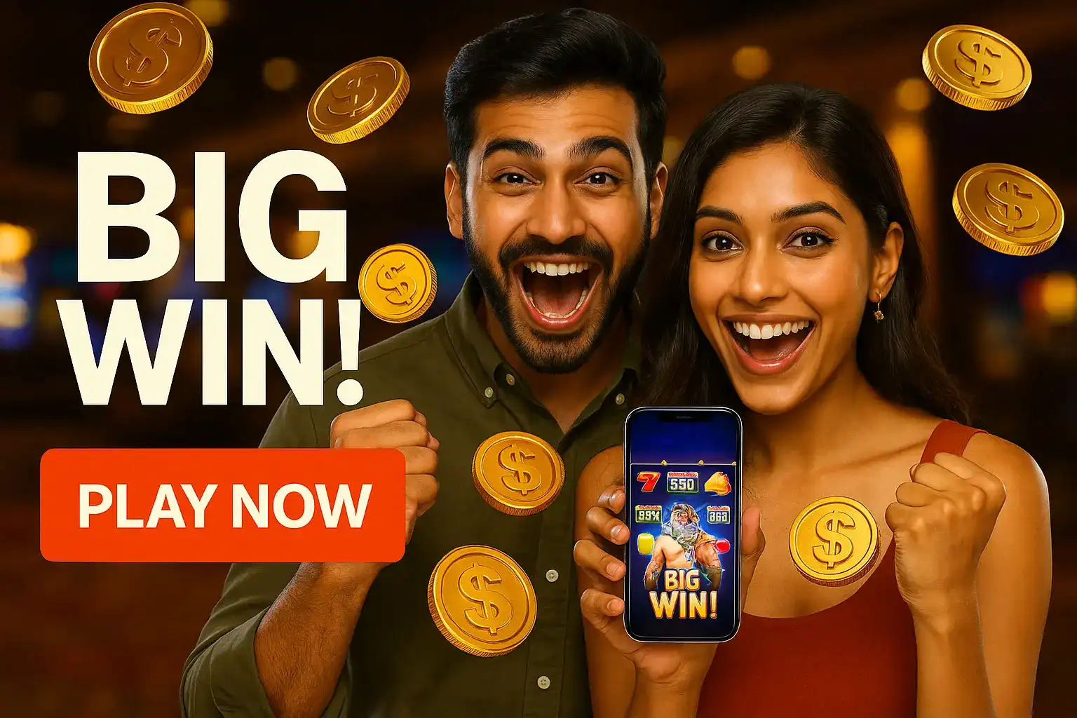 A joyful Indian couple celebrates a BIG WIN!. The woman holds a smartphone showing a winning slot game screen. Gold coins float around them, enhancing the celebratory atmosphere. PLAY NOW invites users.