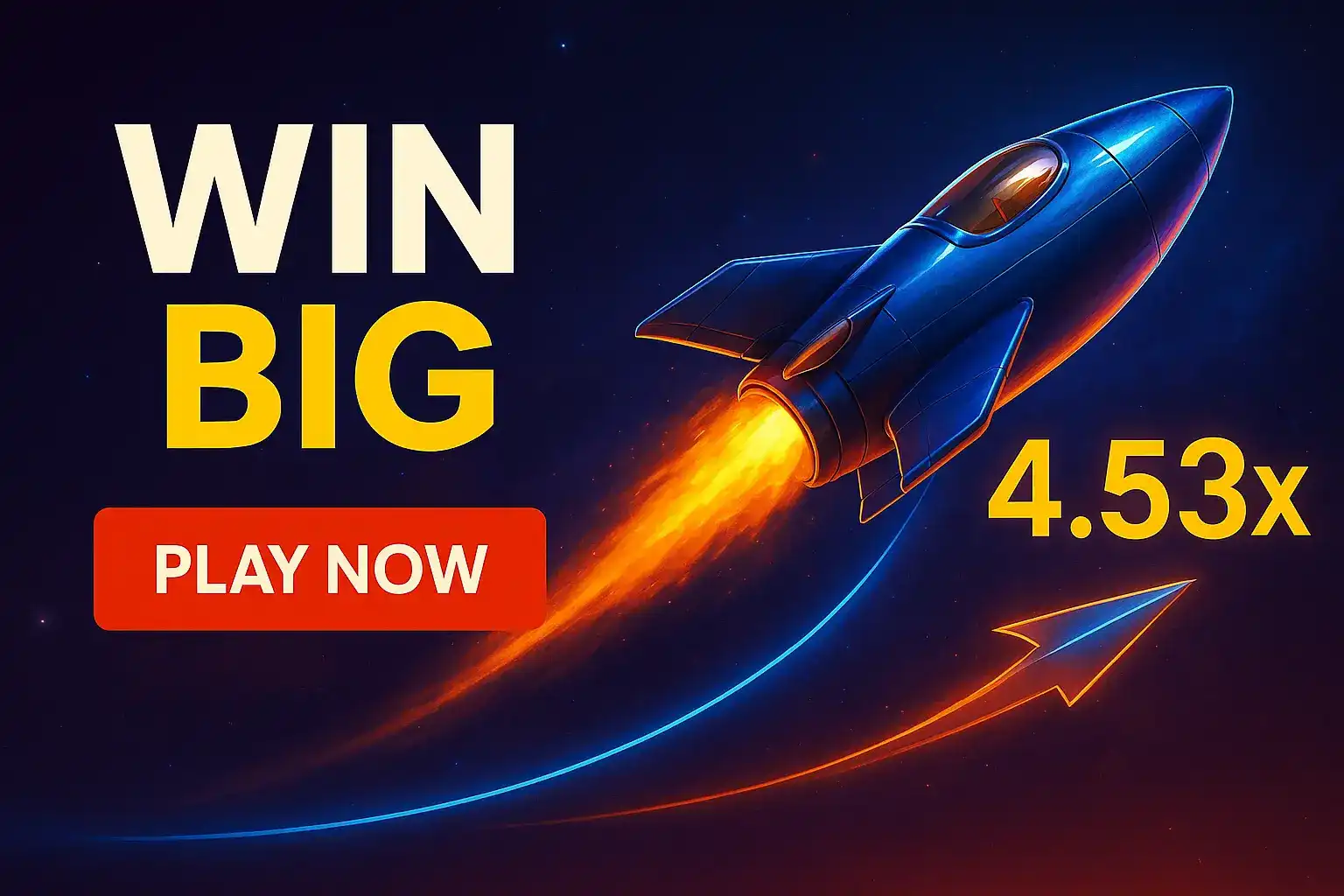 Promotional image for a crash game, showing a rocket soaring upwards with a fiery trail. The text says WIN BIG and a multiplier of 4.53x is displayed, with a PLAY NOW button.