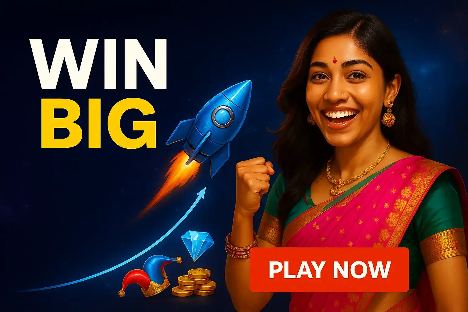 A WIN BIG promotional banner featuring an excited Indian woman in a traditional sari. Next to her, a rocket launches along an upward-trending graph, symbolizing big wins in a crash game.