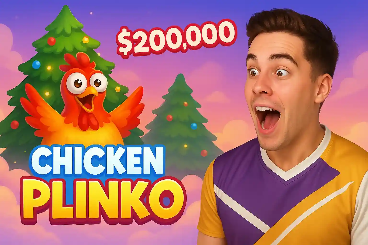 Man reacting to Chicken Plinko $200,000 jackpot with excited expression
