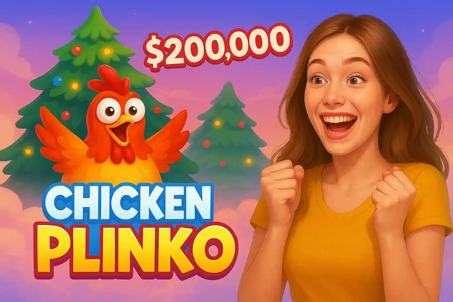 Woman celebrating Chicken Plinko jackpot with cartoon chicken background