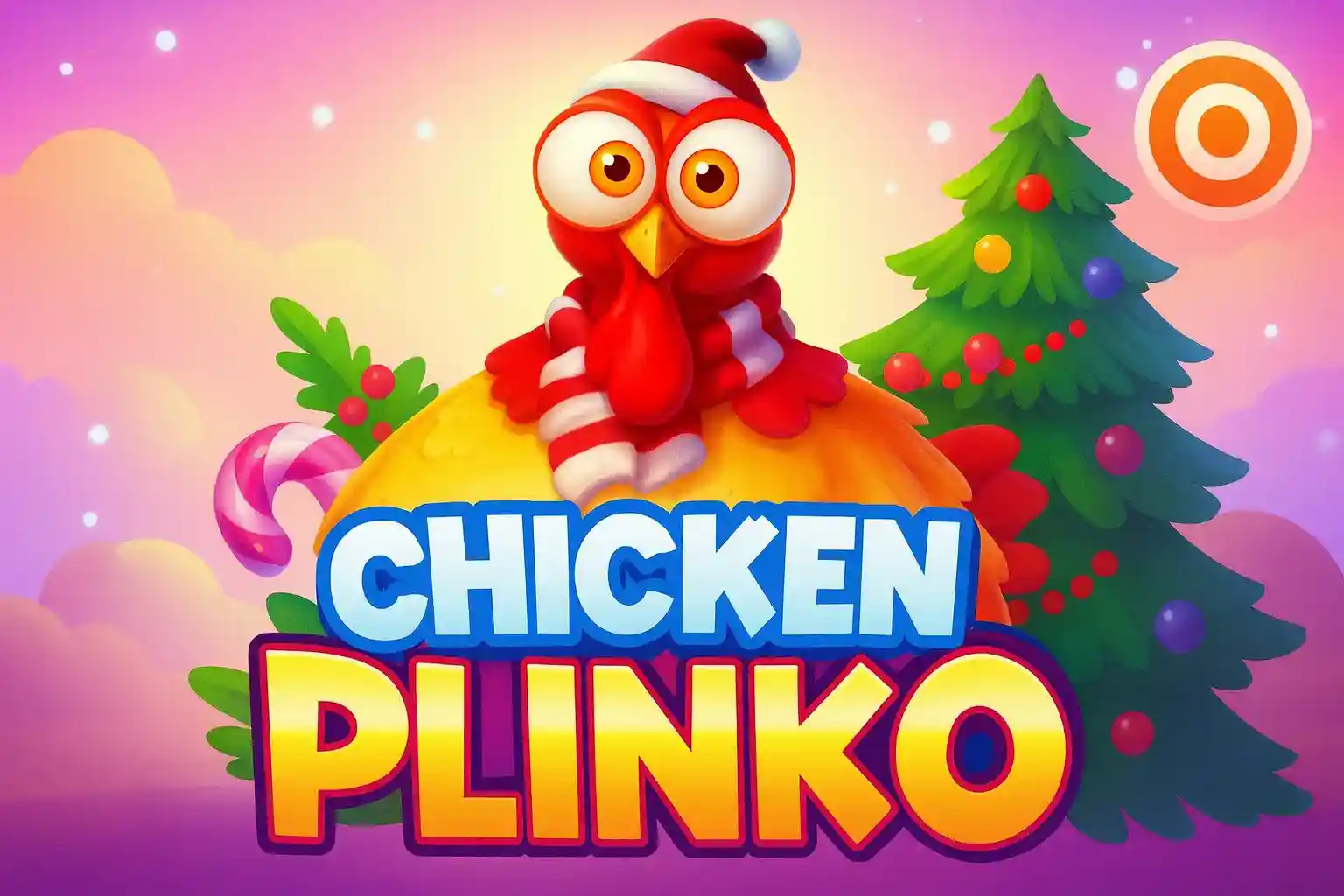 Festive Chicken Plinko game banner with cartoon chicken and Christmas trees