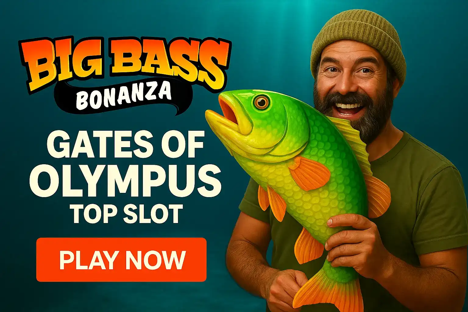 A promotional banner for top slot games. An excited fisherman in a beanie holds a large green fish. The titles BIG BASS BONANZA and GATES OF OLYMPUS TOP SLOT are displayed with a PLAY NOW button.