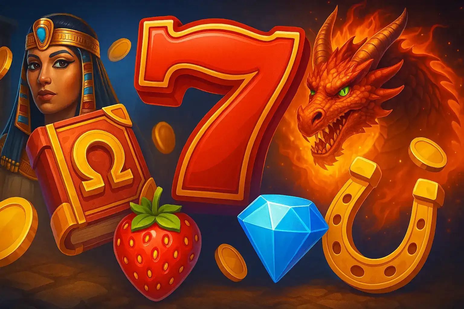 A dynamic collage of popular online slot symbols, including Cleopatra, a red dragon, a large number 7, a diamond, a horseshoe, and a strawberry, all surrounded by floating gold coins.