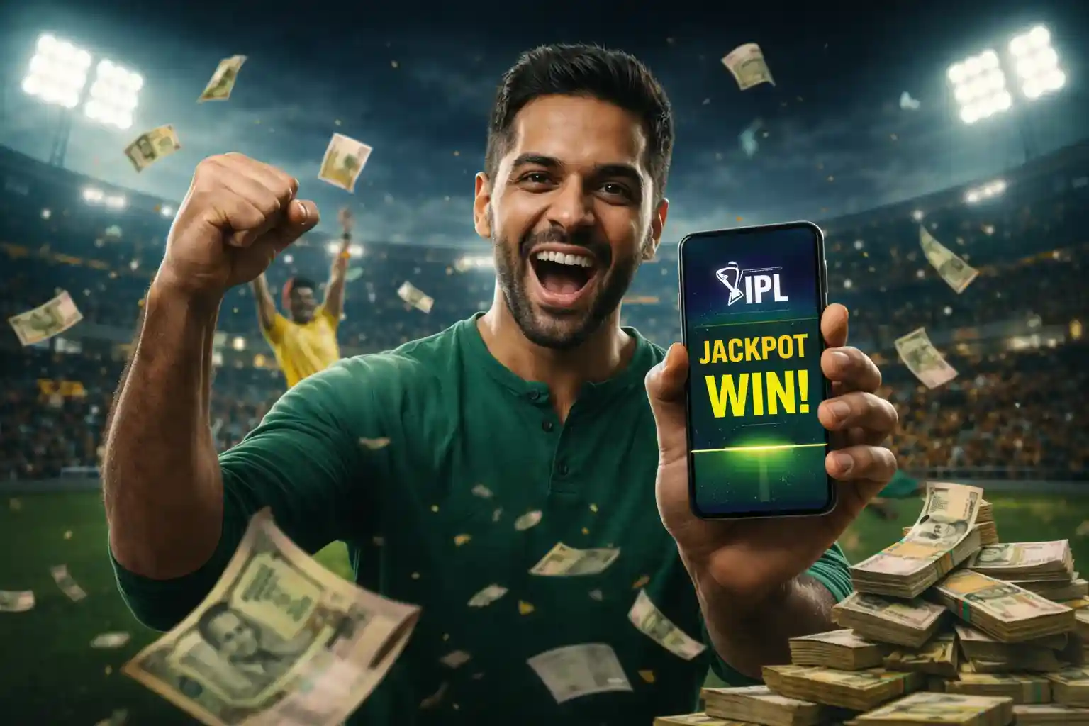 Excited fan holding smartphone showing IPL jackpot win with cash flying
