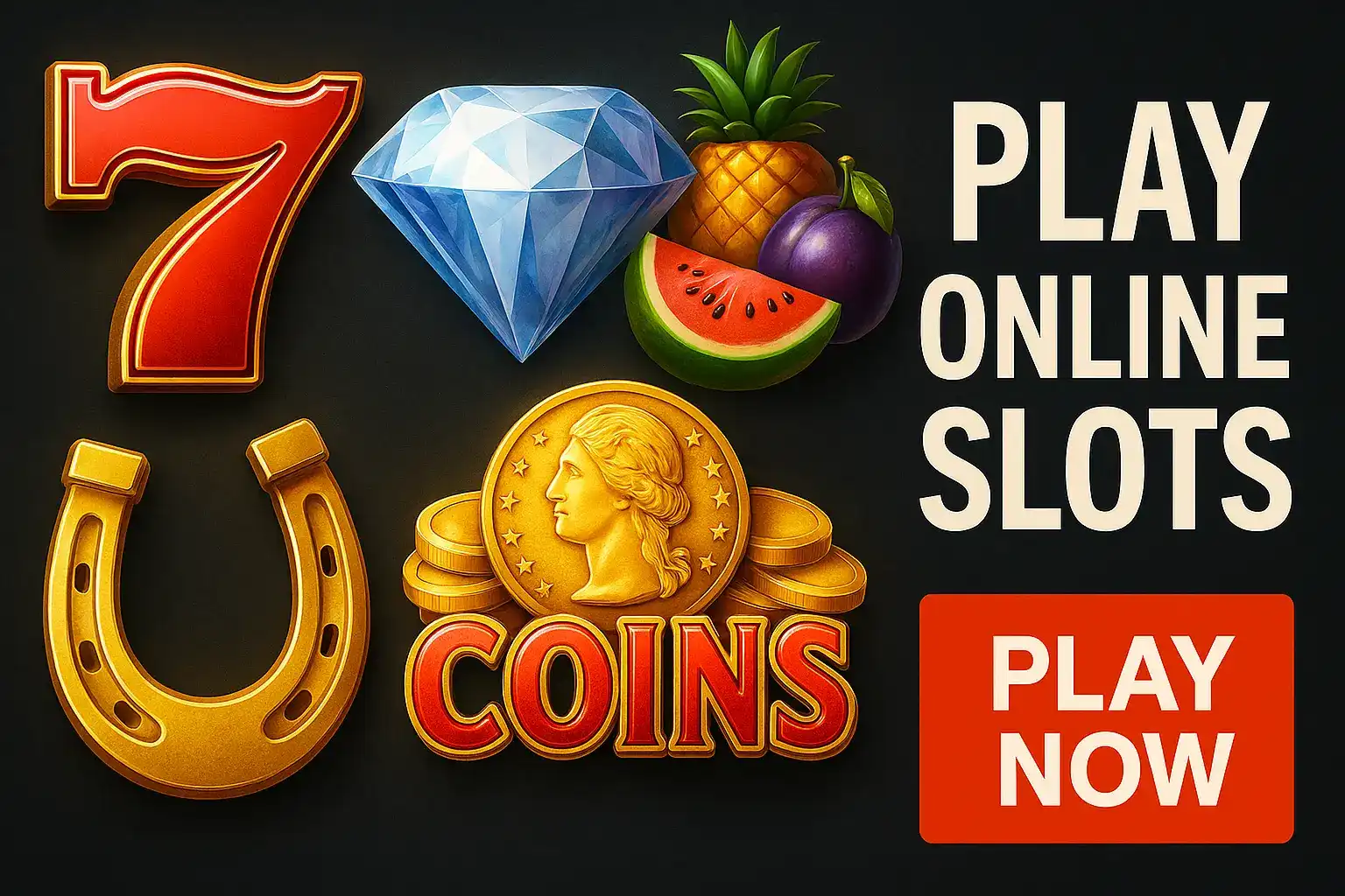 An inviting banner to PLAY ONLINE SLOTS. It features a collection of classic slot symbols like a lucky 7, a diamond, a horseshoe, various fruits, and a stack of coins. Includes a PLAY NOW button.