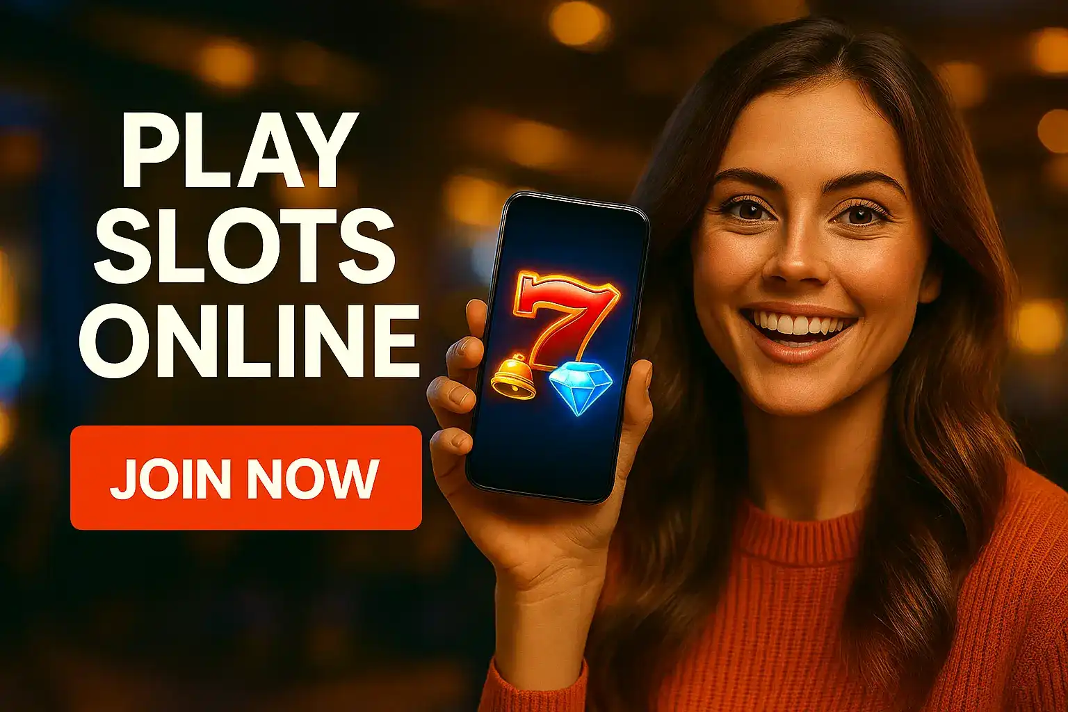 A smiling woman encourages you to PLAY SLOTS ONLINE. She is holding a smartphone that displays a slot game with a lucky 7, a bell, and a diamond symbol. A JOIN NOW button is clearly visible.