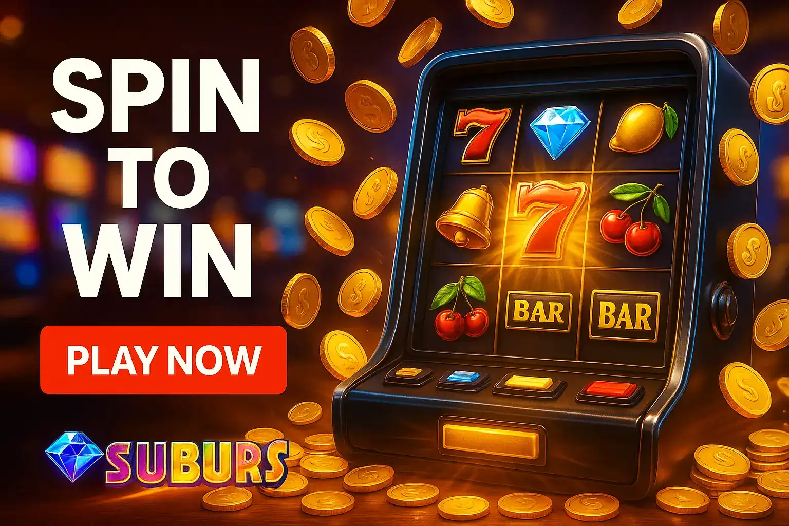 A classic 3-reel slot machine with a winning combination of 7s and cherries. The text SPIN TO WIN is prominent, with a PLAY NOW button and the Suburs game logo. The scene is filled with gold coins.