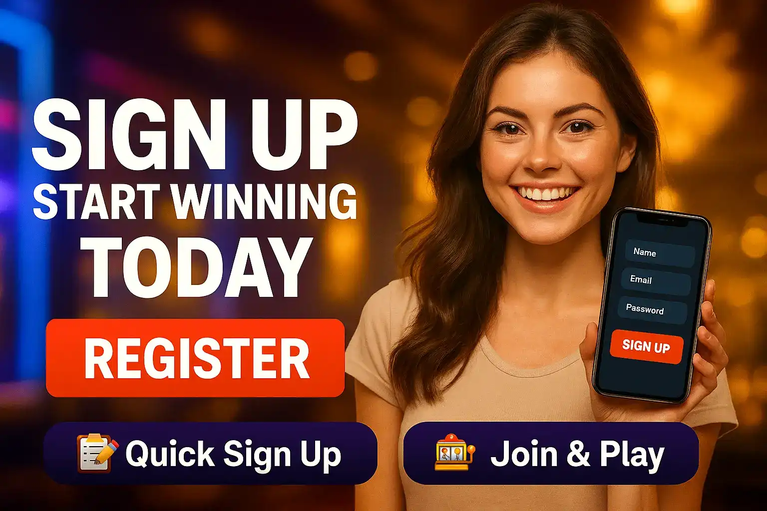 A cheerful woman presents a smartphone with a simple sign-up form. The ad text reads SIGN UP START WINNING TODAY with a REGISTER button and icons for Quick Sign Up and Join & Play.
