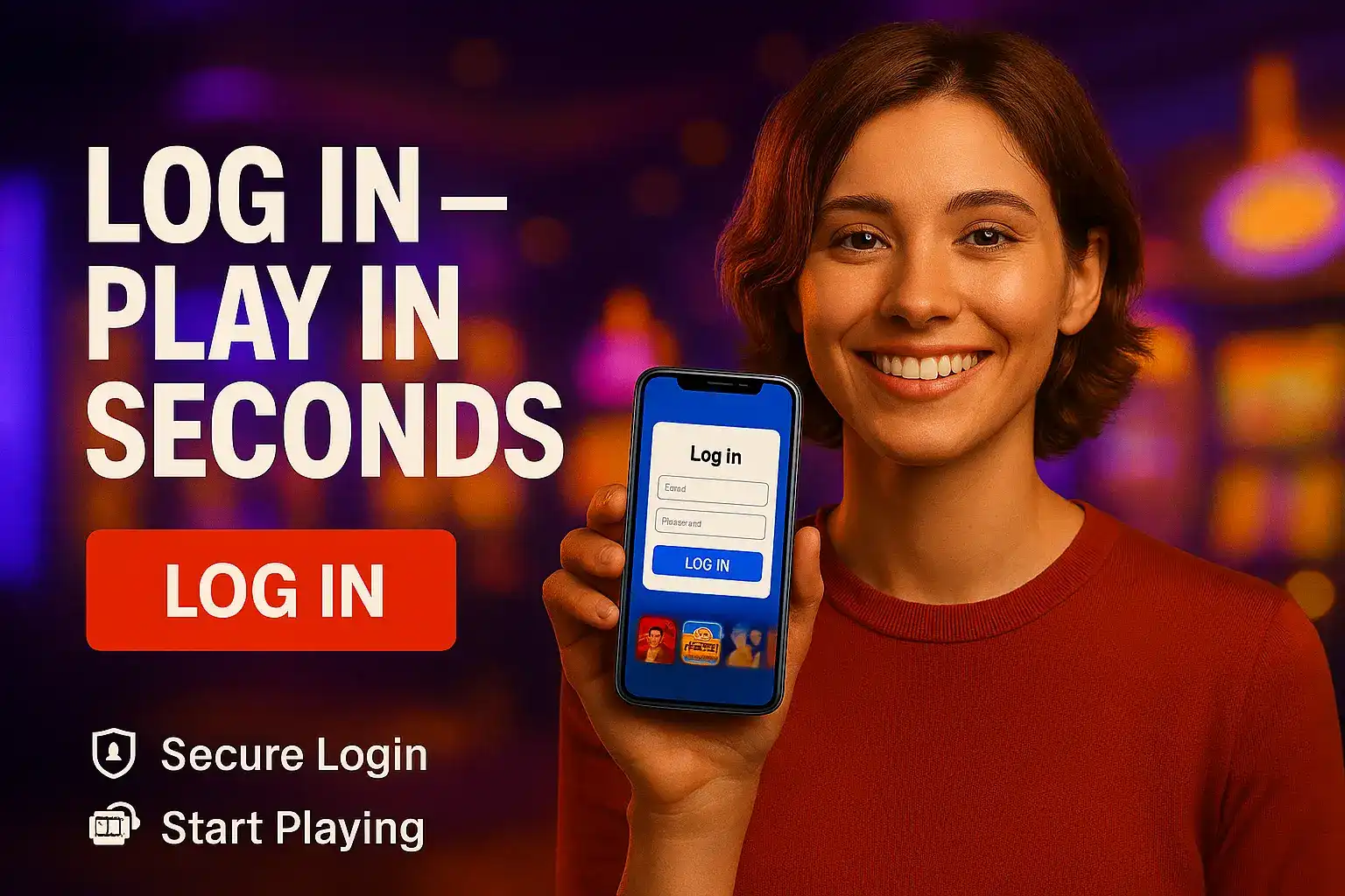 A smiling woman holds a smartphone displaying the login screen for an online casino app. The banner text says LOG IN - PLAY IN SECONDS with a LOG IN button and icons for Secure Login and Start Playing.