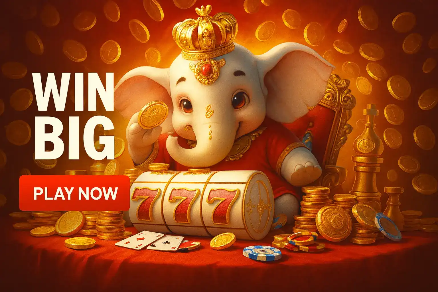 Promotional banner with a cute baby elephant in a crown holding a gold coin. The scene is filled with coins, playing cards, and a slot reel with 777. The text WIN BIG and a PLAY NOW button are featured.