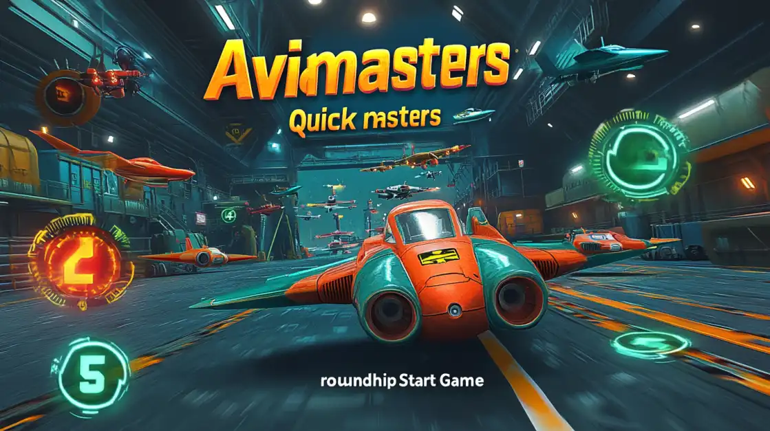 Avimasters quick masters aircraft racing game showing orange plane in futuristic hangar setting