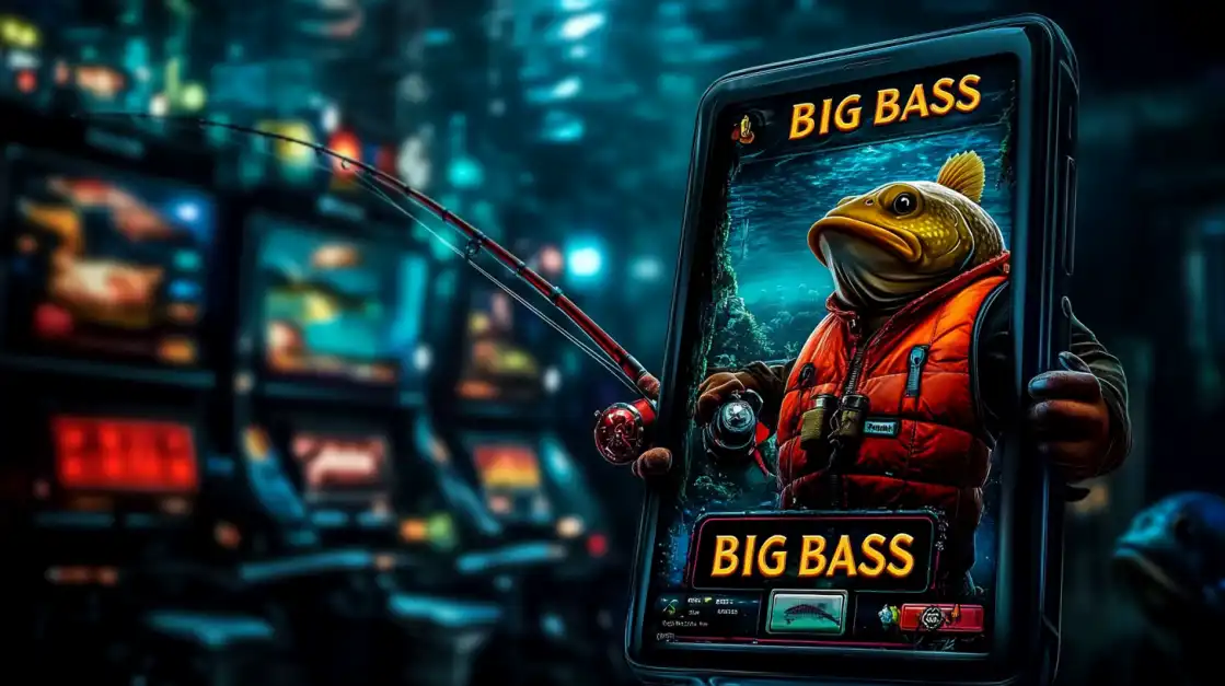 Mobile phone displaying Big Bass slot game with fish character in orange vest holding fishing rod