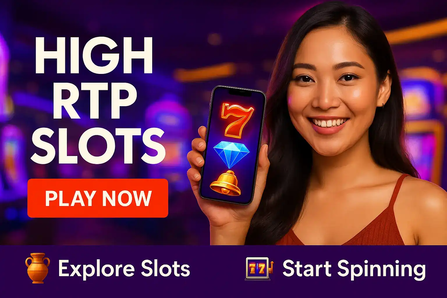 A promotional image for HIGH RTP SLOTS featuring a smiling Asian woman holding a phone that displays a slot game with a lucky 7 symbol. The ad encourages users to Explore Slots and Start Spinning.