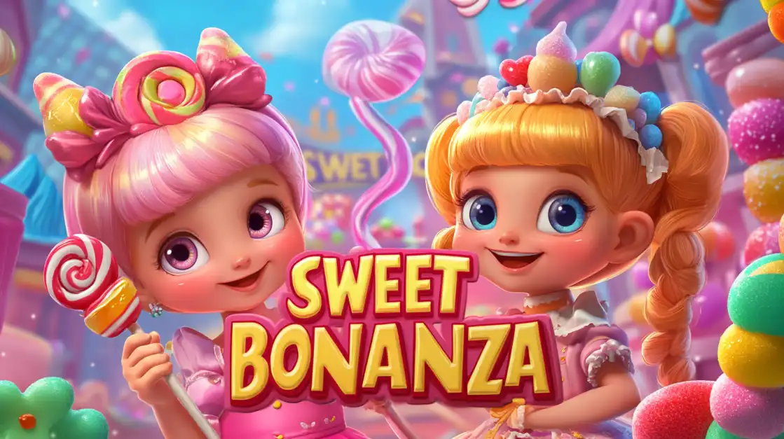 Two cute cartoon girls with colorful hair in Sweet Bonanza candy-themed slot game environment